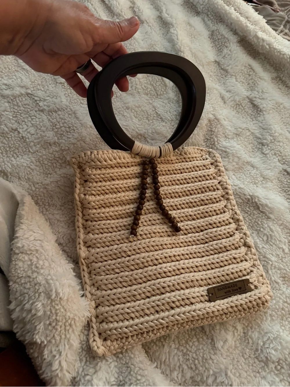 Handmade Cream Crochet Tote with Dark Wood Handles